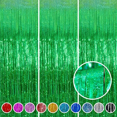Green Foil Fringe Curtain Backdrop 3 Pack, 3.2 x 8.2 FT Party Decorations by Melsan