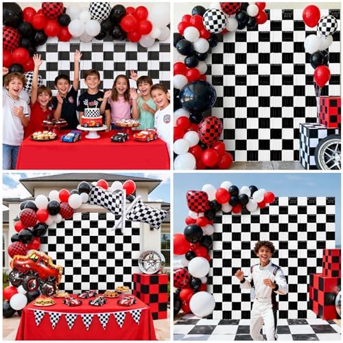 2 Packs Race Car Foil Fringe Curtain, Black White Checkered Glitter Metallic Tinsel Backdrop for Birthday, Baby Shower, Racing Car Truck One Happy Dude Party Decorations Supplies - Image 5