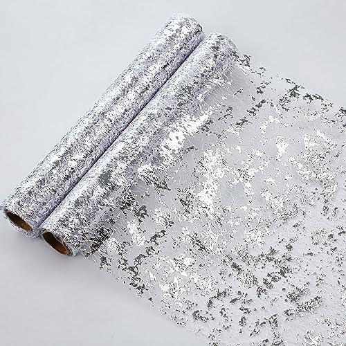 Snowkingdom 2 Pieces Silver Table Runner, Sequin Glitter Foil Metallic Thin Mesh Runner Roll 11"x108", Silver Table Decorations Centerpiece for Wedding Birthday Party Christmas by Snowkingdom