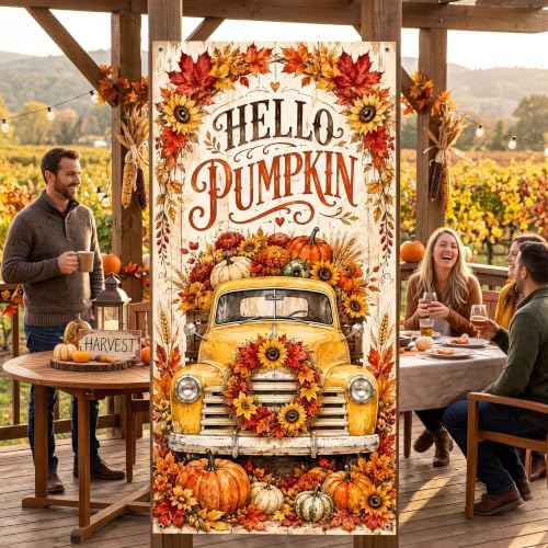 Fall Vertical Door Banner 35x71 Inch, Autumn Front Door Cover with Vintage Yellow Truck Pumpkins Sunflowers Maple Leaves Harvest Hanging Flag for Farmhouse Porch Yard Thanksgiving Outdoor Decor - Image 7