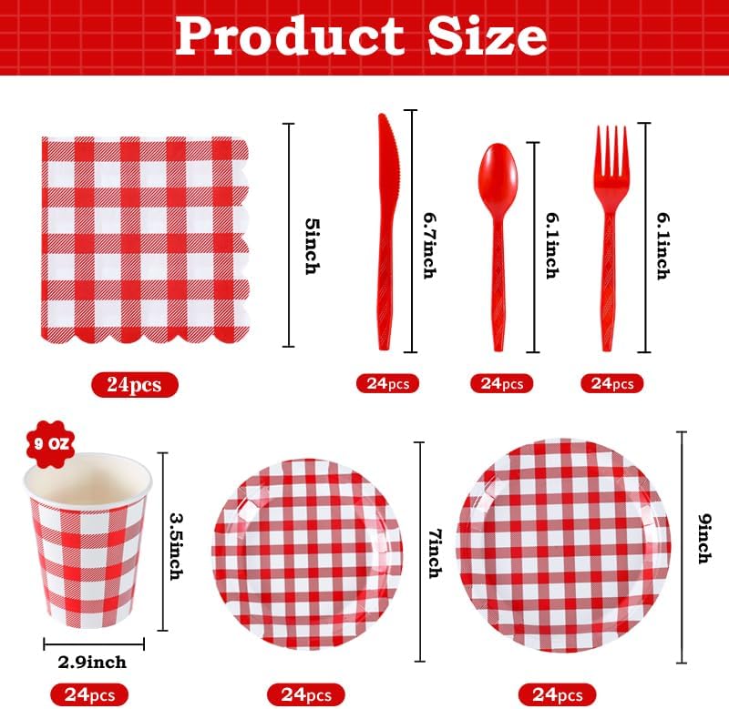 168Pcs Gingham Party Supplies for 24 Guests Thick Napkins and Paper Plates Knives Spoons Forks Cups Disposable Tableware Set Cutlery for Dinner Baby Shower Wedding Favor(Red) - Image 3