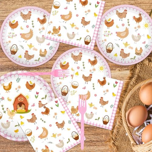 Chicken Birthday Tableware Decorations - 96PCS Chick Plates Napkins and Forks Party Supplies, Disposable Farm Animal Baby Shower Decor for Boys Girls Serve 24 - Image 6