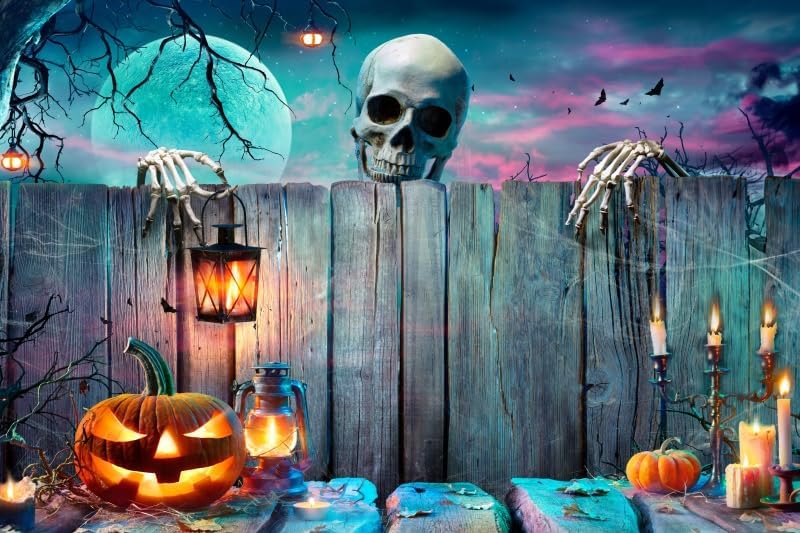 Renaiss 10x7ft Halloween Backdrop - Skeleton Pumpkin Lantern Wooden Spooky Night Party Photography Background - Ghost Wood Wall Decor Banner - Horror Skull Photo Booth Props by Renaiss