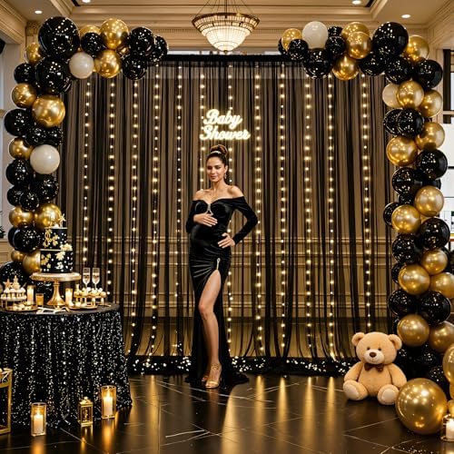 Black Sheer Backdrop Curtains with Lights String for Parties Birthday 10ft × 8ft Black Tulle Backdrop Curtain for Baby Shower Wedding Graduation Halloween Party Photo Shoot Decorations - Image 2