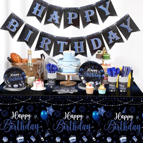 Vesici 171 Pcs Happy Birthday Party Supplies 24 Set Table, Black, Blue - Image 3