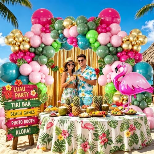146Pcs Tropical Flamingo Balloon Arch Garland Kit, Hot Pink Dark Green Light Pink Lake Blue Gold with Flamingo Foil Balloons for Hawaiian Luau Aloha Summer Beach Birthday Party Decorations - Image 7