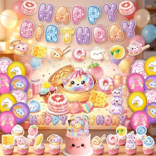 Squishy Birthday Party Decorations - Dumpling Squishy Party Supplies with Backdrop, Banners, Cake & Cupcake Toppers, Balloons for Kids Cute Kawaii Squishy Theme Birthday - Image 6