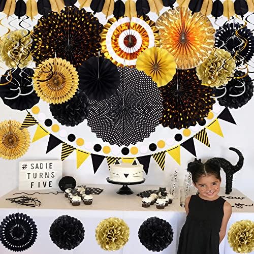 Moon Boat 35PCS Party Decorations Paper Fan Hanging Set - Birthday,Graduation,Baby Shower,Wedding,Retirement,Black and Gold Decor（Black） - Image 2
