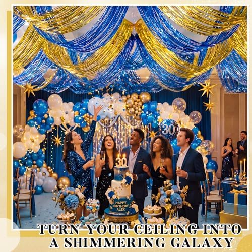 Breling 4 Pcs Blue Gold Ceiling Fringe Curtains, Foil Drapes, 15 ft - Image 5