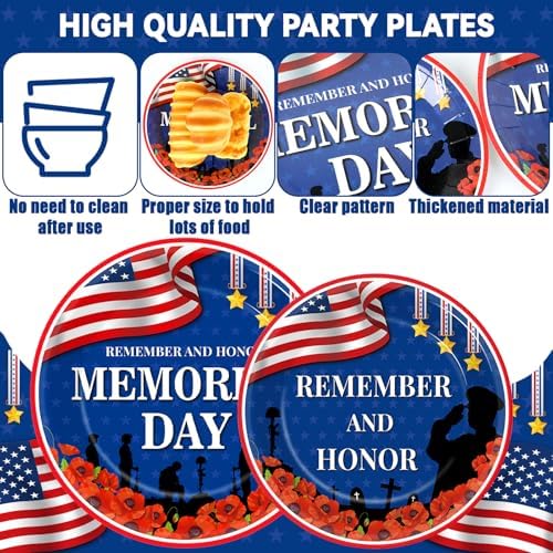 96Pcs Memorial Day Plates and Napkins for Remember and Honor Soldier Party Supplies Thank You Soldiers Dessert Plates Veterans Day Tableware Set for 24 Guests 4th of July Party Decorations - Image 3