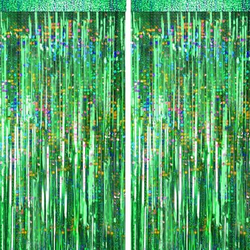 4 Packs Green Foil Fringe Curtain, Green Glitter Metallic Tinsel Backdrop for Birthday, Wedding, Baby Shower, Halloween, Christmas, Hawaiian Luau, Football, Dinosaur Jungle Party Decorations Supplies by BSRESIN