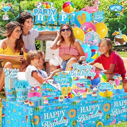 Pool Birthday Party Supplies,Summer Beach Party Decorations Paper Plates,Napkins,Balloon,Banner,Cupcake Topper for Summer Hawaiian Beach Pool Birthday Supplies Serves 24 - Image 2