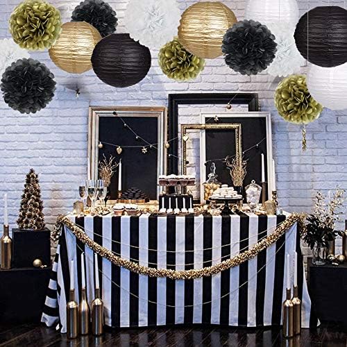 Paper Lanterns Paper Pom Poms Black and Gold Party Decorations 15pcs - Image 5