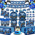 196 Pcs Video Game Birthday Party Decorations (Serves 24), Game Party Tableware Include Banner Hanging Plates Napkins Cups Forks Knifes Tablecloth Topper Balloons for Boy Party (Blue) by Kinovo