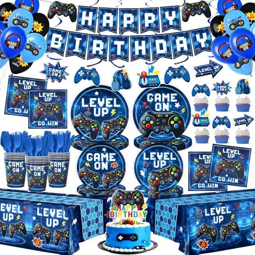 196 Pcs Video Game Birthday Party Decorations (Serves 24), Game Party Tableware Include Banner Hanging Plates Napkins Cups Forks Knifes Tablecloth Topper Balloons for Boy Party (Blue) by Kinovo