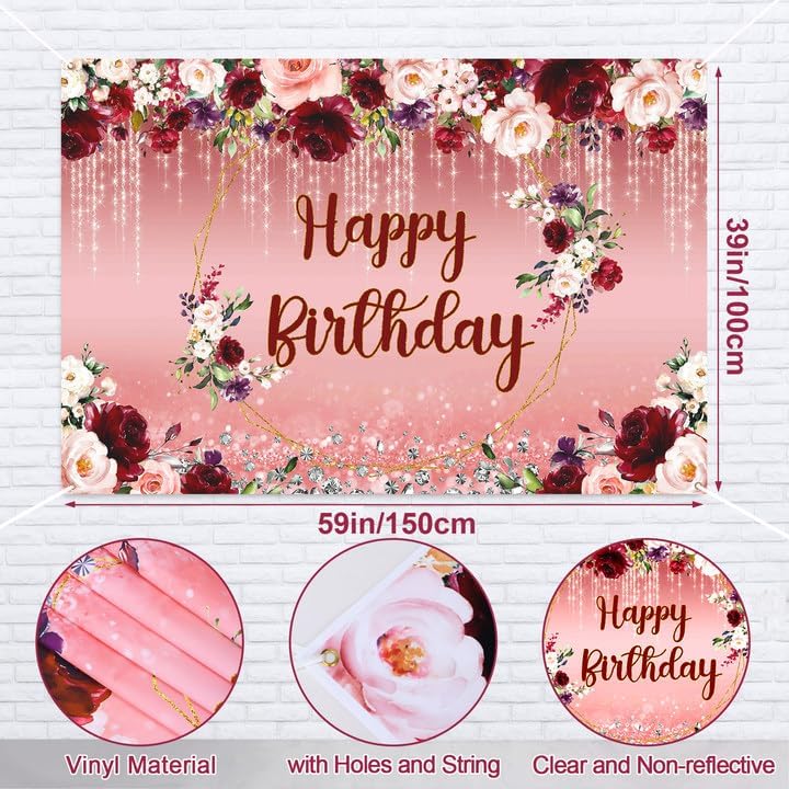 167Pcs Happy Birthday Decorations for Women with Butterfly Sticker Cupcake Toppers, Burgundy Balloon Arch Kit Maroon Rose Gold Balloons Backdrop Tablecloth Floral Burgundy Birthday Party Supplies - Image 4