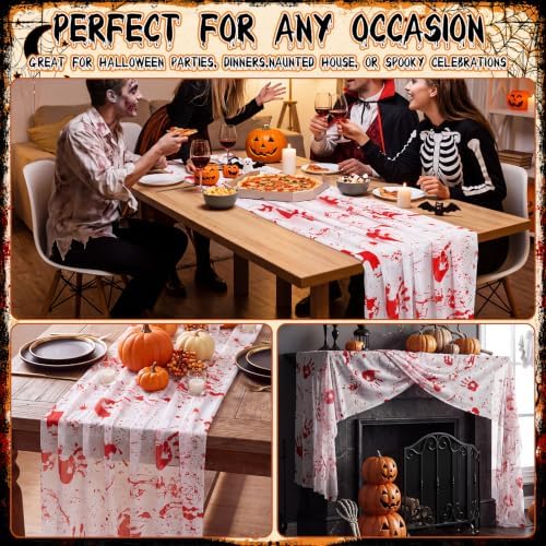 3 Pcs Halloween Table Runner Lace, Bloody Handprint Table Decor 30"x70" - Image 7