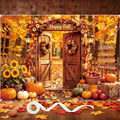 Fall Backdrop 7×5ft, with 100 Pcs Red & Yellow Artificial Maple Leaves by DuoduoBuy