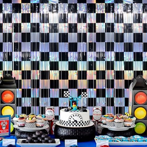 4 Pack 3.3Ft x 6.6Ft Race Car Checkered Foil Fringe Curtain Backdrop Decorations, Black Iridescent Metallic Tinsel Foil Streamers Curtain Photo Booth for Race Car One Happy Dude Birthday Party Decor - Image 4
