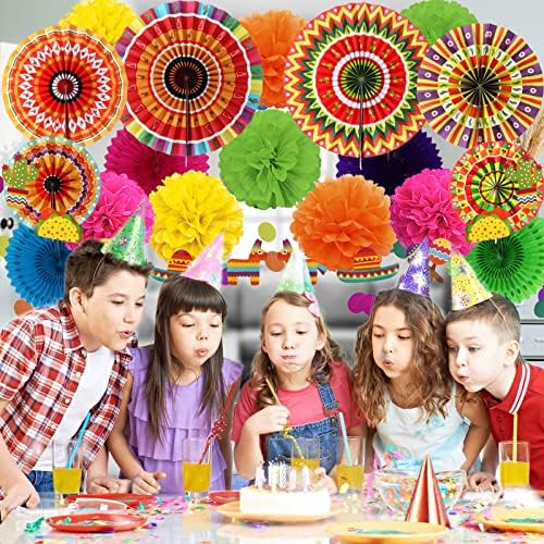 ZERODECO Mexican Party Decorations, 21 Pcs Multi-color Paper Fans, Pom Poms Flowers for Mexican Fiesta Cinco De Mayo Taco Themed Birthday Party Supplies - Image 7
