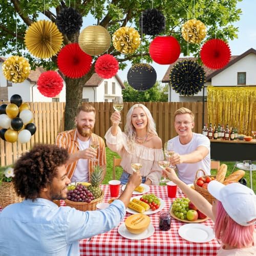 ADLKGG 14 Pcs Red Black Gold Party Decorations, Paper Fans Lanterns Pack - Image 5