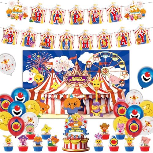 Circus Theme Birthday Party Decorations, Cartoon Carnival Animal Party Supplies with Happy Birthday Banner, Backdrop, Balloons, Cake & Cupcake Toppers for Carnival Themed Kids Birthday Party Decor by RYNALO