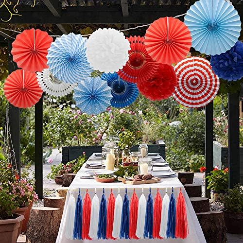 Navy Blue Red White Party Decorations Hanging Paper Fans Pom Poms Flowers Tissue Tassel Garland for 4th of July Day Patriotic Decoration Graduation Birthday Supplies - Image 4