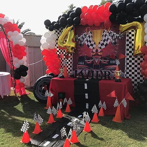 Race Car Birthday Party Decorations - 7inch Orange Race Cones(Holes on Top) with Checkered Flags,12 Traffic Cones, 24 Racing Black and White Flags,Racecar Theme Two Fast Centerpieces Supplies(36PCS) - Image 5