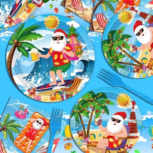 QZYL 122Pcs Summer Christmas Decorations, Tropical Beach Plates Party Supplies, Disposable Xmas in July Plates, Napkins, Cups, Forks and Tablecloth for Beach Pool Party, Serves 30 Guests​ - Image 6