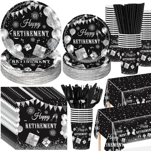 Funnymoom 452 Pcs Retirement Party Decorations Supplies Set Include Black and Silver Retirement Paper Plates Napkins Cups Tablecloth Cutlery Straws for Men Women Say Goodbye Party by Funnymoom