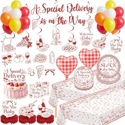 132 Pcs Special Delivery Pizza Baby Shower Decorations Set Slice Slice Baby Shower Decorations Italian Pizza Gender Neutral Tableware Set Serves 25 Guests for Pizzeria Newborn Welcome by Anglechic