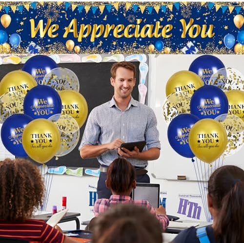We Appreciate You Decorations Blue Gold Appreciate You Banner Yard Sign with 18 Pcs Balloons Thank You for All You Do Banner Employee Staff Appreciation Gifts Teacher Doctor Appreciation Party Decor - Image 4