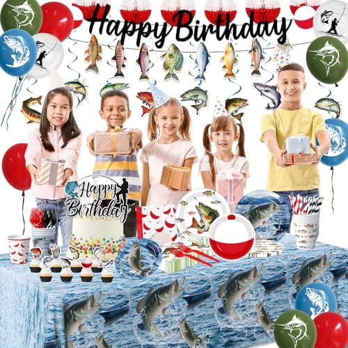 Fish Birthday Party Decorations, All-in-1 Fish Party Decorations with Balloons Fish Plates Napkins Cake Toppers Honeycombs Tablecloths and Banner Ofishally One Birthday Decorations, Serve 24 - Image 4