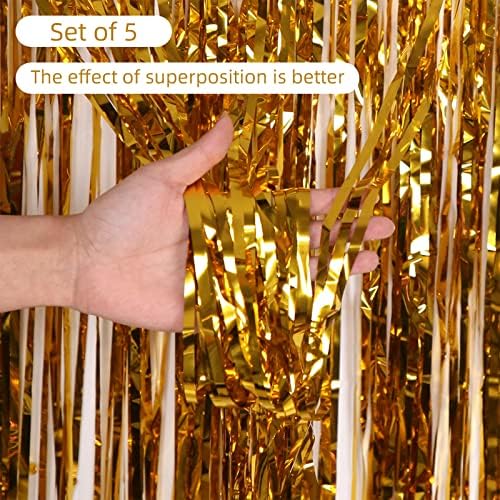 5 Pack Gold Foil Curtain Backdrop 3.2ft x 9.8ft Metallic Tinsel Foil Fringe Curtains Streamer Photo Booth Backdrop for Birthday Party Engagement Bachelorette Party Decorations (Gold) - Image 2