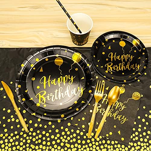 Disposable Party Dinnerware Set &Disposable Birthday Party Dinnerware Paper Plates Napkins Cups, Gold Plastic Forks Knives Spoons (Black/Gold) - Image 6