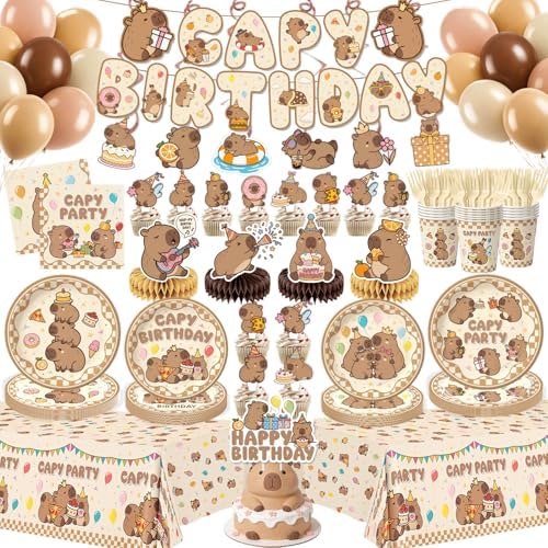 Kinovo 176 Pcs Capybara Birthday Decorations (Serves 24), Capybara Party Decorations Include Banner Hanging Plates Napkins Cups Forks Tablecloth Topper Balloons for Party by Kinovo