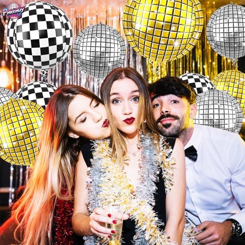 6pcs 22 Inch Gold Disco Ball Balloons, Silver Big Disco Balloons, Black White 4d Large Foil Balloon For Birthday Baby Shower Car Theme Party Wedding Engagement Celebration Graduation Decorations - Image 4