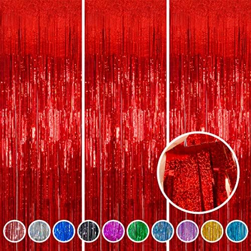 Red Foil Fringe Curtain Backdrop 3 Pack, 3.2 x 8.2 FT Party Decorations by Melsan