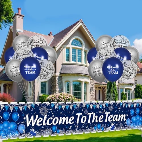 Blue Silver Welcome Team Yard Banner Sign with 18 Pcs Balloons for Office Party Decor - Image 2