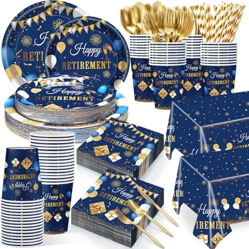 Funnymoom 452 Pcs Retirement Party Decorations Supplies Set Include Blue Gold Retirement Paper Plates Napkins Cups Tablecloth Cutlery Straws for Men Women Say Goodbye Party by Funnymoom