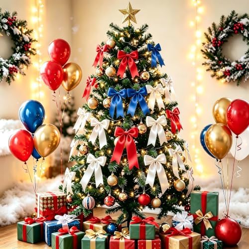2 Strings Christmas Tree Bows, Red Blue White Bow Christmas Garland - Image 2