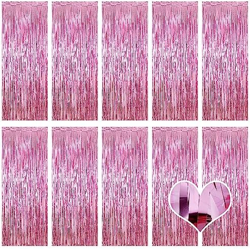 10 Pack Pink Backdrop Curtain 3.2ft x 8.2ft Metallic Tinsel Foil Fringe Curtains Photo Booth Background for Birthday Party Decoration Baby Shower Engagement Wedding Christmas Decoration (Pink) by Ohiyoo