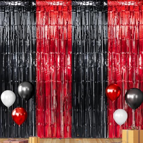 6 Pack 3.3Ft x 6.6Ft Graduation Foil Fringe Curtain Backdrop Decorations, Red Black Metallic Tinsel Foil Streamers Curtain Photo Booth Background for Graduation Prom Wedding Birthday Party Decorations by Zachely