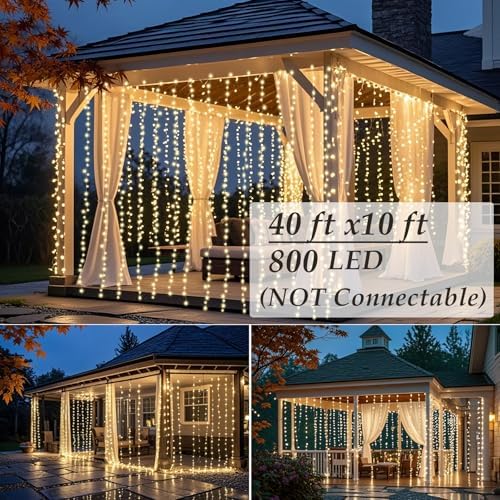 Solhice LED Curtain Lights Outdoor 40ft x10ft, 800 LED Plug in Hanging String Lights Indoor, Twinkle Lights Backdrop for Outside Backyard Patio Wedding Décor, Warm White (Not Connectable) - Image 3