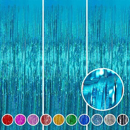 Teal Fringe Curtain Backdrop 3 Pack, 3.2 x 8.2 FT Party Decorations by Melsan