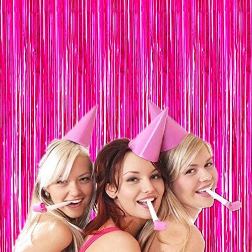 2 Pcs 3.2ft x 8.2ft Shiny Hot Pink Metallic Tinsel Foil Fringe Curtains Photo Booth Backdrop for Birthday Wedding Holiday Celebration Bachelorette Party Decorations - Image 4