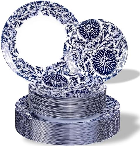 Hioasis Blue Plastic Plates, Floral Disposable Plates, 60 Pcs for 30 Guests by Hioasis