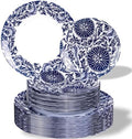 Hioasis Blue Plastic Plates, Floral Disposable Plates, 60 Pcs for 30 Guests by Hioasis