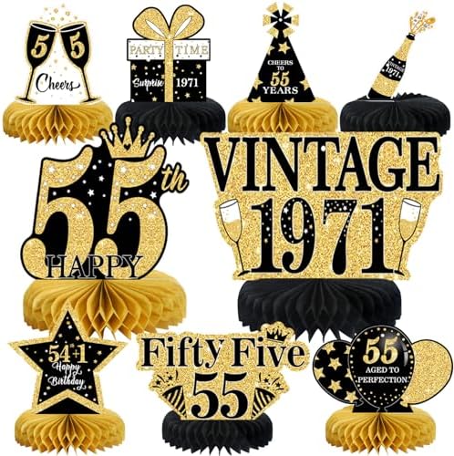 9Pcs 55th Birthday Decorations Honeycomb Centerpieces for Men Women, Black Gold Happy 55th Birthday Centerpieces Tables Toppers Party Decorations Supplies, Vintage 1971 Aged Table Sign Decor by MOORAY