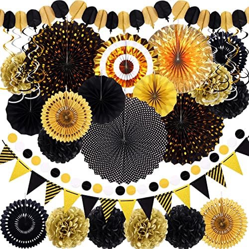Moon Boat 35PCS Party Decorations Paper Fan Hanging Set - Birthday,Graduation,Baby Shower,Wedding,Retirement,Black and Gold Decor（Black） by MoonBoat